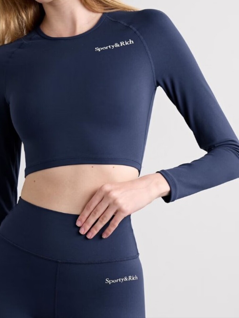 NWT Sporty & Rich Serif Cropped Stretch Athletic Top In Navy Blue - L